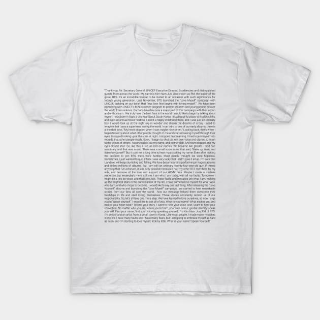 Namjoon's entire UN speech in tiny font T-Shirt by goldiecloset